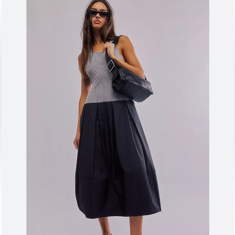 Free People Black Midi Dress with Gray Ribbed Top Size L NWOT
